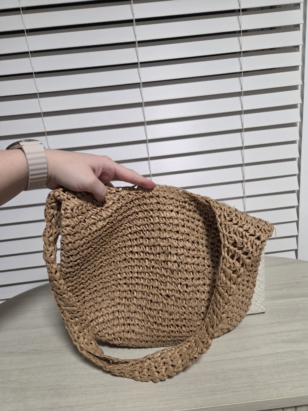 Woven Straw Shoulder Bag — Tan